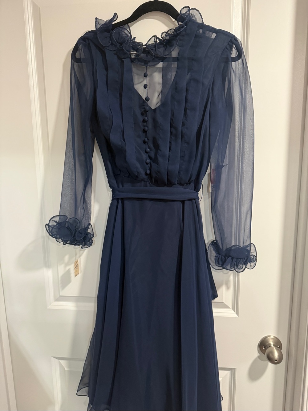New Old Stock Vintage Miss Elliette Sheer Navy Ruffle-Trim Midi Dress